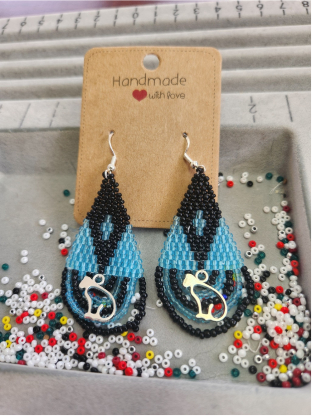 Handmade By Me Beaded Cat Drop Earrings With S925 Hooks